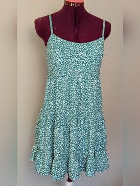 Hollister Green and White Floral Spaghetti Strap Mini Dress